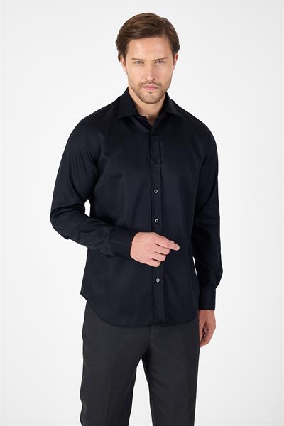 Siyah Uzun Kol İtalyan Yaka Cepsiz Non Iron Slim Fit %100 Pamuk Gömlek 1004250269