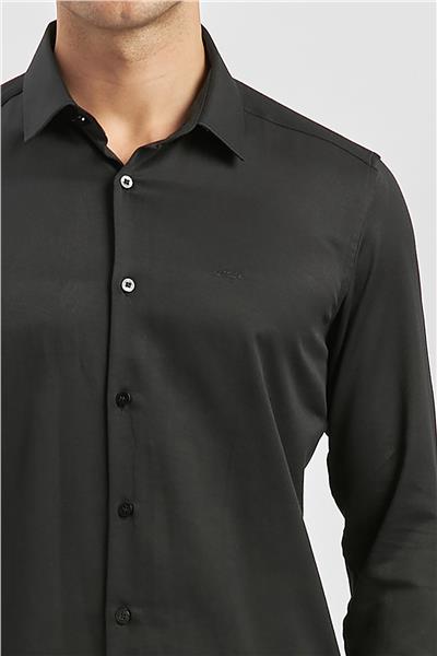 Siyah Uzun Kol Kendinden Desenli Armürlü 032 Sert Yaka Classic Slim Fit Gömlek 1004245153