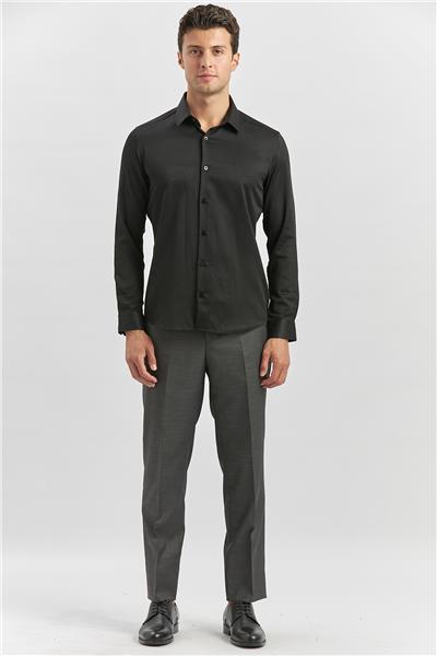 Siyah Uzun Kol Kendinden Desenli Armürlü 032 Sert Yaka Classic Slim Fit Gömlek 1004245153