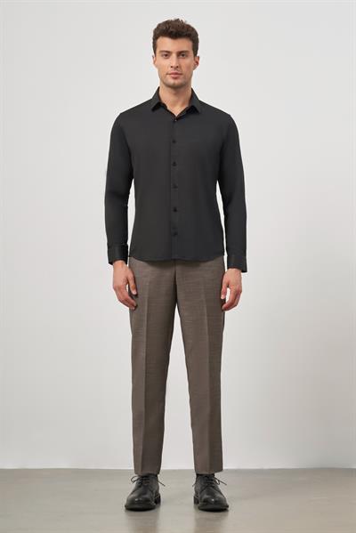 Siyah Uzun Kol Kendinden Desenli Armürlü 032 Sert Yaka Classic Slim Fit Gömlek 1004245152