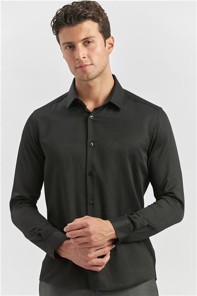 Siyah Uzun Kol Kendinden Desenli Armürlü 032 Sert Yaka Classic Slim Fit Gömlek 1004245153