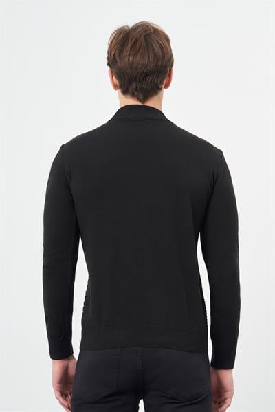 Siyah Uzun Kol Kendinden Desenli Örme Yarım Balıkçı Yaka Classic Comfort Fit Triko 1012245157