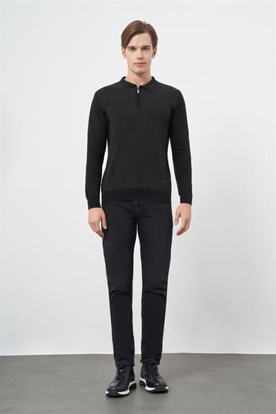 Siyah Uzun Kol Kendinden Desenli Örme Polo Yaka Classic Comfort Fit Triko 1012245160