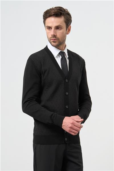 Siyah Uzun Kol Kendinden Desenli Örme V Yaka Classic Comfort Fit Triko 1012245161