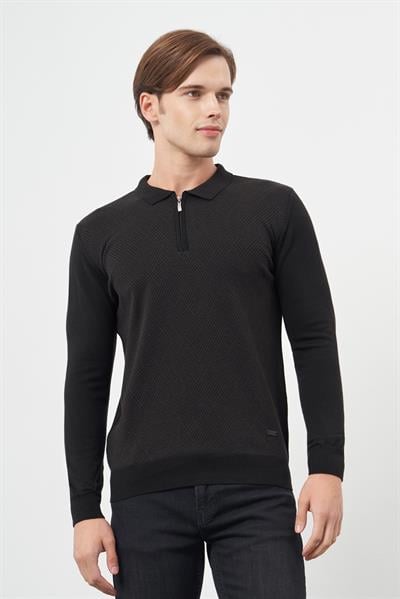 Siyah Uzun Kol Kendinden Desenli Örme Polo Yaka Classic Comfort Fit Triko 1012245160