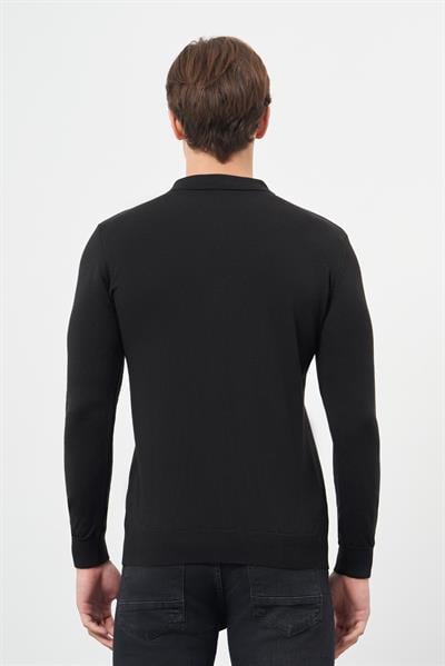 Siyah Uzun Kol Kendinden Desenli Örme Polo Yaka Classic Comfort Fit Triko 1012245160