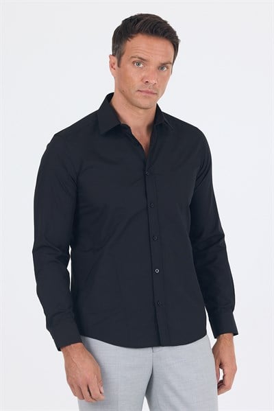 Siyah Uzun Kol Sert Yaka Düz Pamuklu Slim Fit Gömlek 1004260057