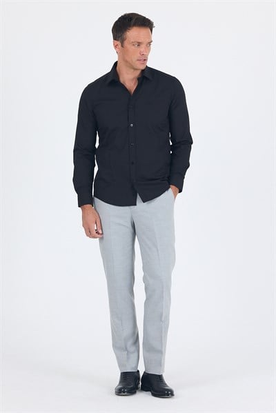 Siyah Uzun Kol Sert Yaka Düz Pamuklu Slim Fit Gömlek 1004260057
