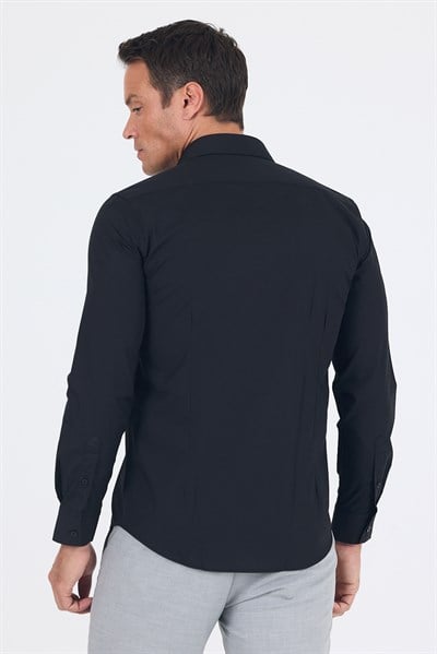 Siyah Uzun Kol Sert Yaka Düz Pamuklu Slim Fit Gömlek 1004260057