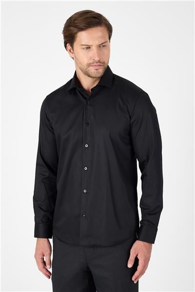 Siyah Uzun Kol Yarım İtalyan Yaka Cepsiz Non Iron Slim Fit Pamuklu Gömlek 1004250267