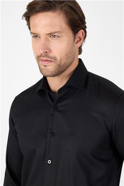 Siyah Uzun Kol Yarım İtalyan Yaka Cepsiz Non Iron Slim Fit Pamuklu Gömlek 1004250267