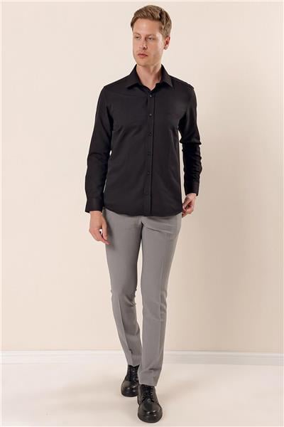 Siyah Uzun Kollu Armürlü Cepsiz Pamuklu Likralı Slim Fit Dar Kesim Gömlek 1004240193