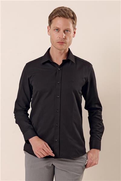 Siyah Uzun Kollu Armürlü Cepsiz Pamuklu Likralı Slim Fit Dar Kesim Gömlek 1004240193