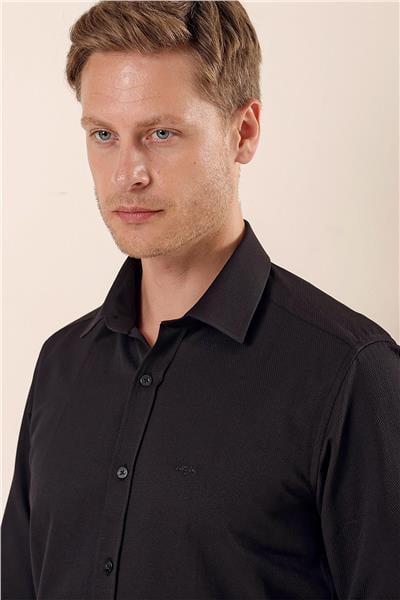 Siyah Uzun Kollu Armürlü Cepsiz Pamuklu Likralı Slim Fit Dar Kesim Gömlek 1004240193