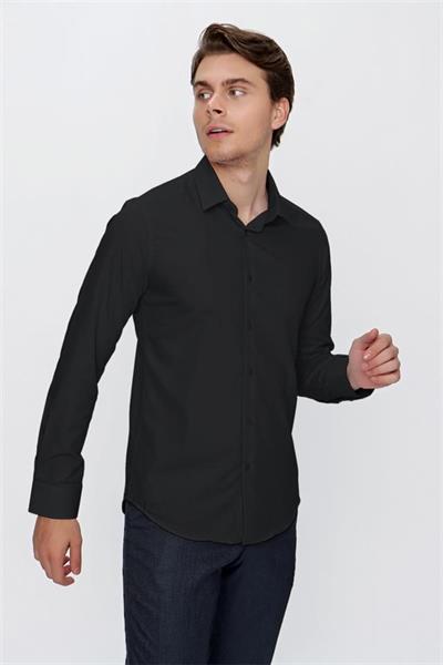 Siyah Uzun Kollu  Bez Ayağı Sert Yaka Cepsiz  Pamuklu Basic Slim Fit Dar Kesim Gömlek 1004240057