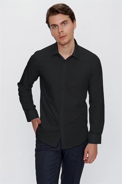 Siyah Uzun Kollu  Bez Ayağı Sert Yaka Cepsiz  Pamuklu Basic Slim Fit Dar Kesim Gömlek 1004240057