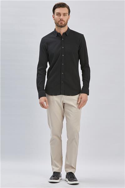 Siyah Uzun Kollu Biritli Yaka Biyeli Pamuklu Likralı Casual Slim Fit Dar Kesim Gömlek 1004240232