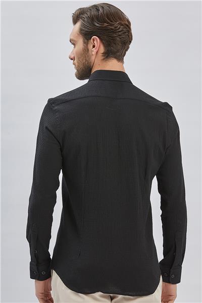 Siyah Uzun Kollu Biritli Yaka Biyeli Pamuklu Likralı Casual Slim Fit Dar Kesim Gömlek 1004240232