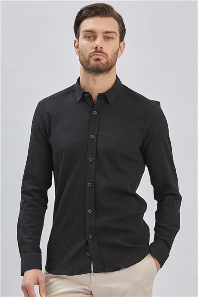 Siyah Uzun Kollu Biritli Yaka Biyeli Pamuklu Likralı Casual Slim Fit Dar Kesim Gömlek 1004240232