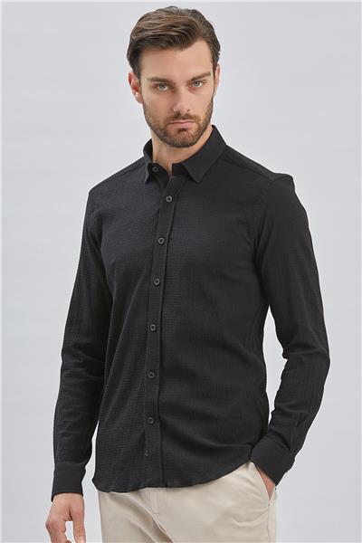 Siyah Uzun Kollu Biritli Yaka Biyeli Pamuklu Likralı Casual Slim Fit Dar Kesim Gömlek 1004240232