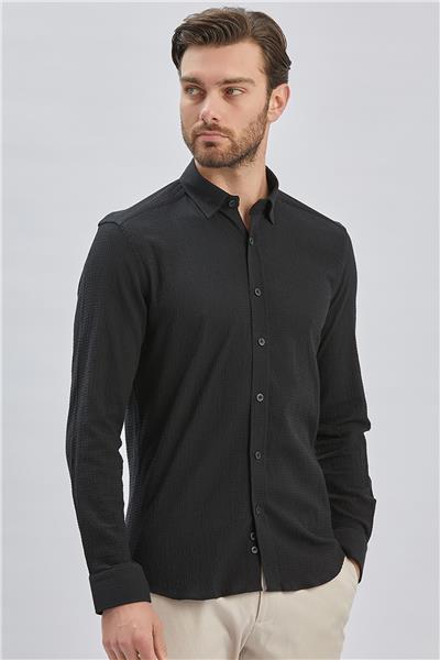 Siyah Uzun Kollu Biritli Yaka Biyeli Pamuklu Likralı Casual Slim Fit Dar Kesim Gömlek 1004240232