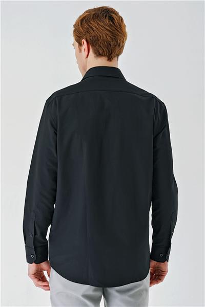 Siyah Uzun Kollu Desenli Armürlü Sert Yaka Pamuklu Klasik Comfort Rahat Kesim Gömlek 1004240190