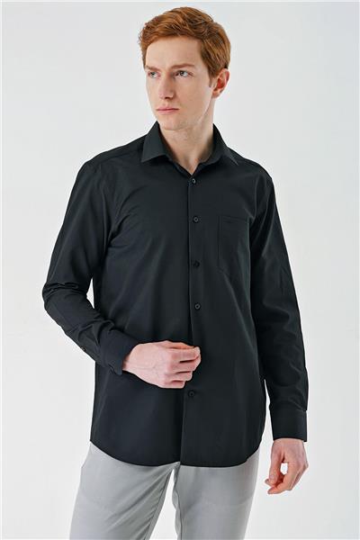 Siyah Uzun Kollu Desenli Armürlü Sert Yaka Pamuklu Klasik Comfort Rahat Kesim Gömlek 1004240190