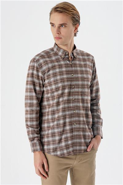 Siyah Uzun Kollu Ekoseli Bez Ayağı Düğmeli Yaka Cepli Pamuklu Comfort Fit Gömlek 1004235173