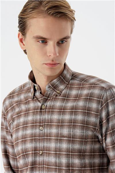 Siyah Uzun Kollu Ekoseli Bez Ayağı Düğmeli Yaka Cepli Pamuklu Comfort Fit Gömlek 1004235173