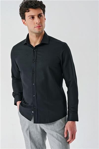 Siyah Uzun Kollu Oxford Cepsiz Pamuklu Klasik Slim Fit Dar Kesim Gömlek 1004240235
