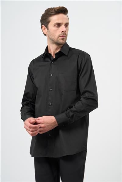 Siyah Uzun Kollu Sert Yaka Cepli %100 Pamuk Klasik Comfort Fit Rahat Kesim Gömlek 1004240323