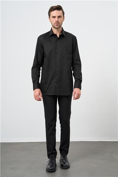 Siyah Uzun Kollu Sert Yaka Cepli %100 Pamuk Klasik Comfort Fit Rahat Kesim Gömlek 1004240323