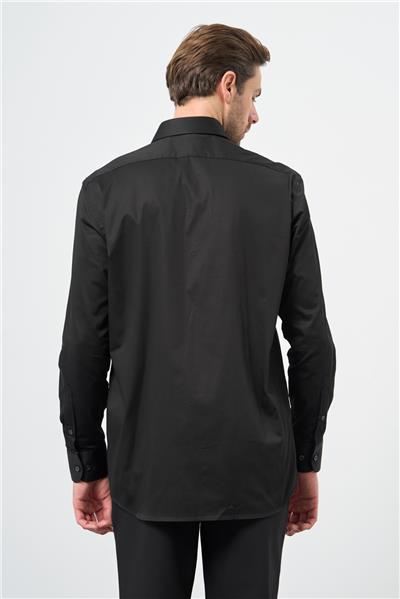 Siyah Uzun Kollu Sert Yaka Cepli %100 Pamuk Klasik Comfort Fit Rahat Kesim Gömlek 1004240323