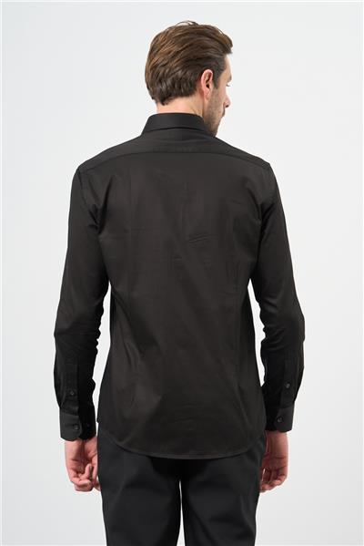 Siyah Uzun Kollu Sert Yaka Cepsiz %100 Pamuk Klasik Slim Fit Dar Kesim Gömlek 1004240324