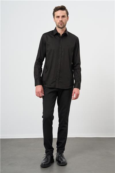 Siyah Uzun Kollu Sert Yaka Cepsiz %100 Pamuk Klasik Slim Fit Dar Kesim Gömlek 1004240324