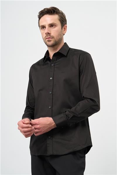 Siyah Uzun Kollu Sert Yaka Cepsiz %100 Pamuk Klasik Slim Fit Dar Kesim Gömlek 1004240324