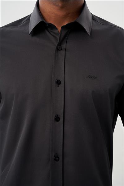 Siyah Uzun Kollu Sert Yaka Cepsiz Pamuklu Likralı Klasik Slim Fit Dar Kesim Gömlek 1004245234