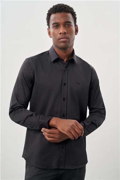 Siyah Uzun Kollu Sert Yaka Cepsiz Pamuklu Likralı Klasik Slim Fit Dar Kesim Gömlek 1004245234