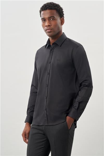 Siyah Uzun Kollu Sert Yaka Cepsiz Pamuklu Likralı Klasik Slim Fit Dar Kesim Gömlek 1004245234