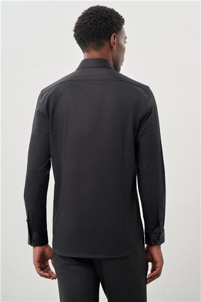 Siyah Uzun Kollu Sert Yaka Cepsiz Pamuklu Likralı Klasik Slim Fit Dar Kesim Gömlek 1004245234