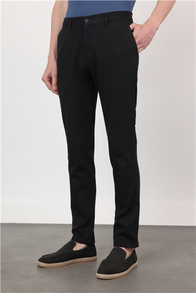 Siyah Yan Cep Düz Paça Armürlü Slim Fit Pamuklu Chino Pantolon 1003260161