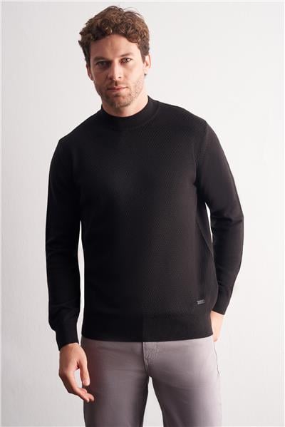 Siyah Yarım Balıkçı Yaka Uzun Kol Cepsiz Comfort Fit Classic Pamuklu Triko Kazak 1012255208