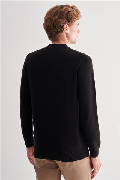 Siyah Yarım Balıkçı Yaka Uzun Kol Cepsiz Comfort Fit Casual Pamuklu Triko Kazak 1012255203