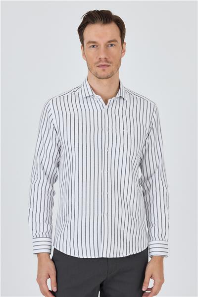 Siyah Yarım İtalyan Yaka Çizgili Desen Casual Slim Fit Gömlek 1004250216