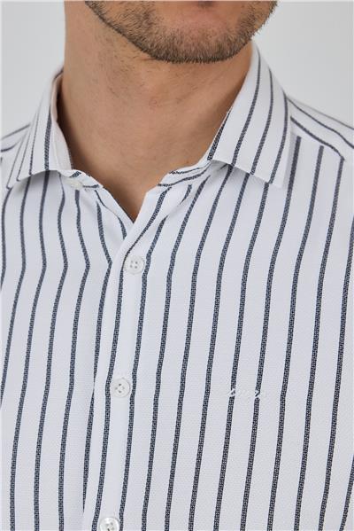 Siyah Yarım İtalyan Yaka Çizgili Desen Casual Slim Fit Gömlek 1004250216