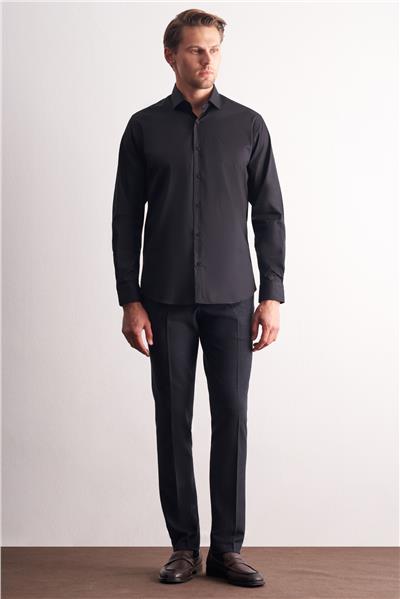 Siyah Yarım İtalyan Yaka Uzun Kol Premium Slim Fit Pamuklu Gömlek 1004255198