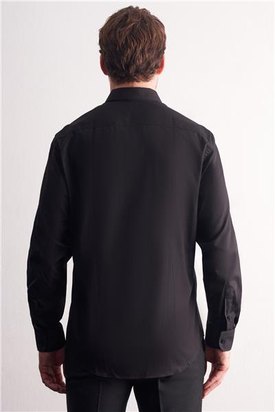 Siyah Yarım İtalyan Yaka Uzun Kol Premium Slim Fit %100 Pamuk Gömlek 1004255196