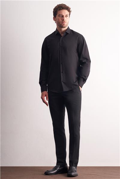 Siyah Yarım İtalyan Yaka Uzun Kol Premium Slim Fit %100 Pamuk Gömlek 1004255196