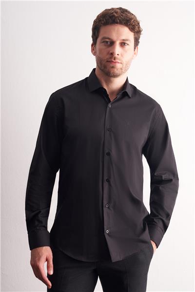 Siyah Yarım İtalyan Yaka Uzun Kol Premium Slim Fit %100 Pamuk Gömlek 1004255196