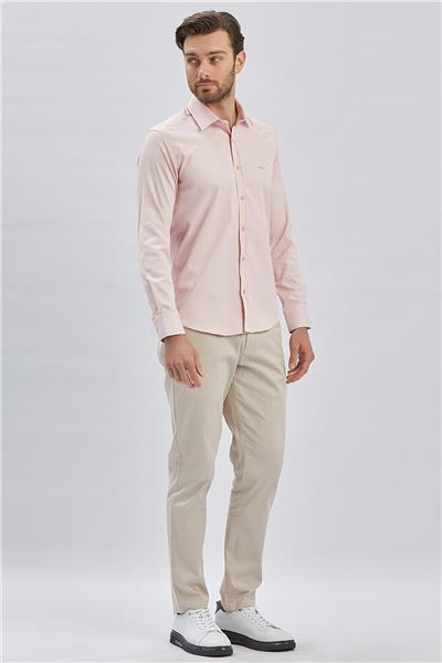 Pembe Uzun Kollu Cepsiz Pamuklu Likralı Klasik Slim Fit Gömlek 1004240234